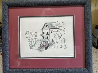 Vintage Needlepoint Mill with waterwheel,rustic, country, rural, cross-stitch under glass framed