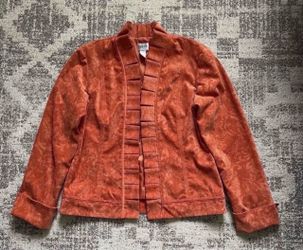 Chico’s Orange Brocade Embossed Bohemian Corduroy Open Ruffle jacket- size 1 (Medium)