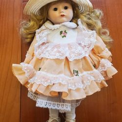 Vintage All Bisque Doll - 14" Tall - Girl in Dress with Hat