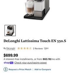 BrandNew NeverUsed With Receipt  Nespresso Lattissima Touch OG Espresso w/Milk Frother by De'Longhi
