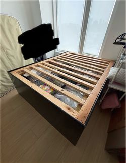 Custom Queen Platform Bed Frame - Tall Underbed Storage, Black & Wood