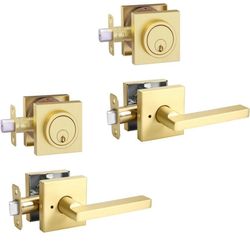 Gold Heavy Duty Privacy Lever Door Handle and Single Cylinder Deadbolt Lock and Key Combo