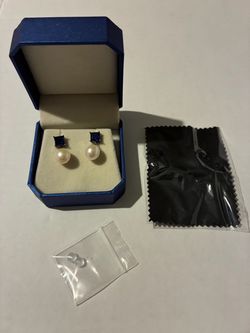 Pearl and Blue Stone Stud Earrings