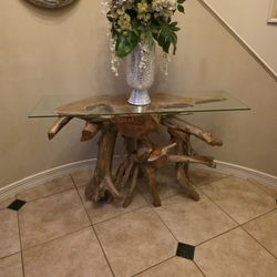 Teak Glass Console Table