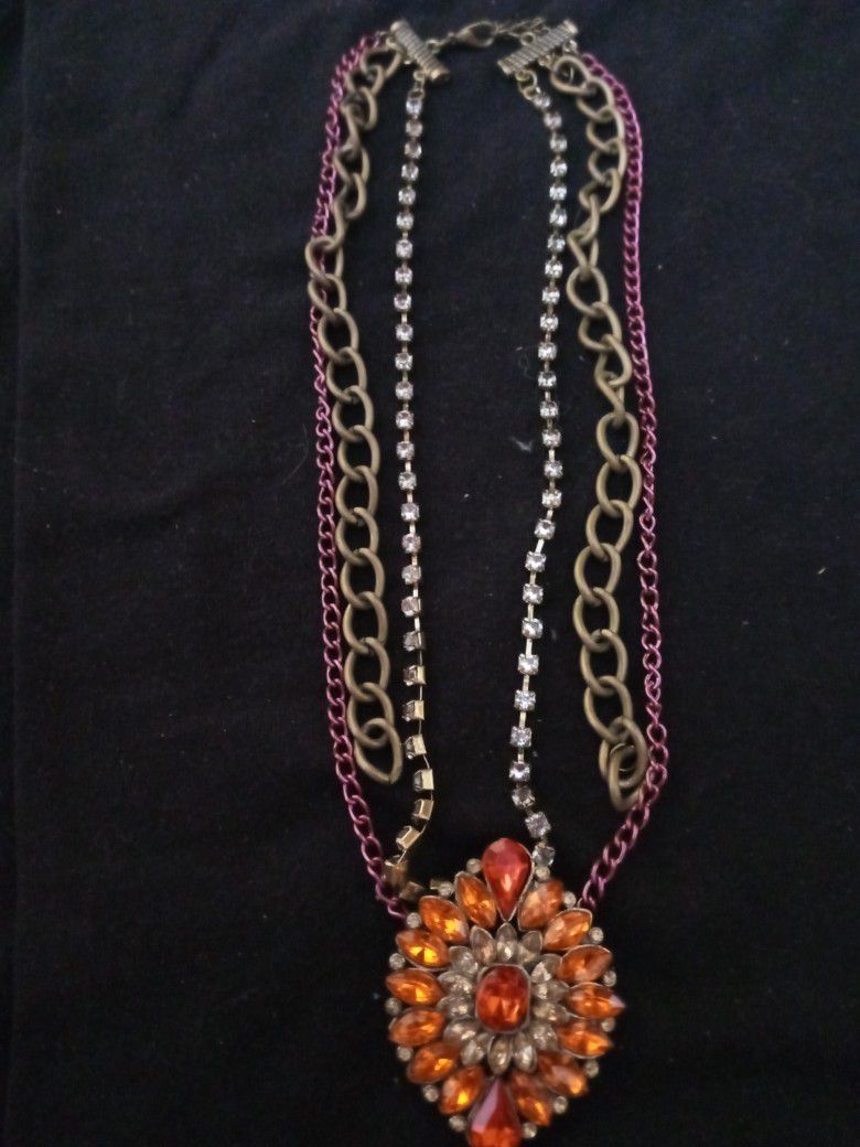 Multi Chain With Orange Pendant Necklace