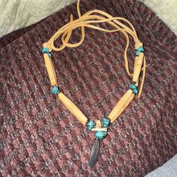 Vintage Native American Bone, Turquoise & Suede Tie Choker w/Sterling Feather