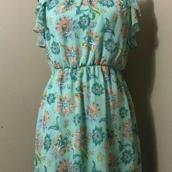 PINK OWL Mint Green Floral Sleeveless Sheer Layer Dress T-Back Ruffle Womens M