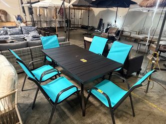 New 7 pcs Outdoor Dining Set Metal Table 6 Stackable Chairs