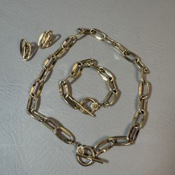 VINTAGE ANN KLEIN COUTURE GOLD TONE TOGGLE NECKLACE BRACELET Earrings Set 4 Pc