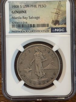 Recovered Manila Bay Shipwreck 1908-S Philippine Peso NGC Holder