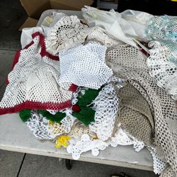 Hand, crocheted, doilies, runners, placemats, embroidered table cloths