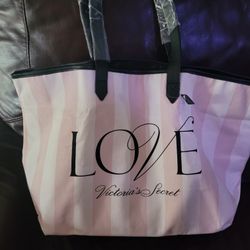 Victoria’s Secret Love Signature Pink and White Stripe Large Tote Bag