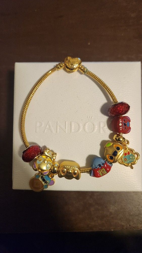 Pandora Lilo and Stitch Gold Colorful Bangle Charm Bracelet