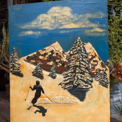 Awesome vintage ski painting 70s retro mountain skiing snow cabin art 3D Airbnb decoration on wood