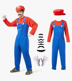 Halloween Costume Men Adult, Mario Plumber Jumpsuit Cosplay Costume with Hat Gloves Moustache Accessories Set, Small