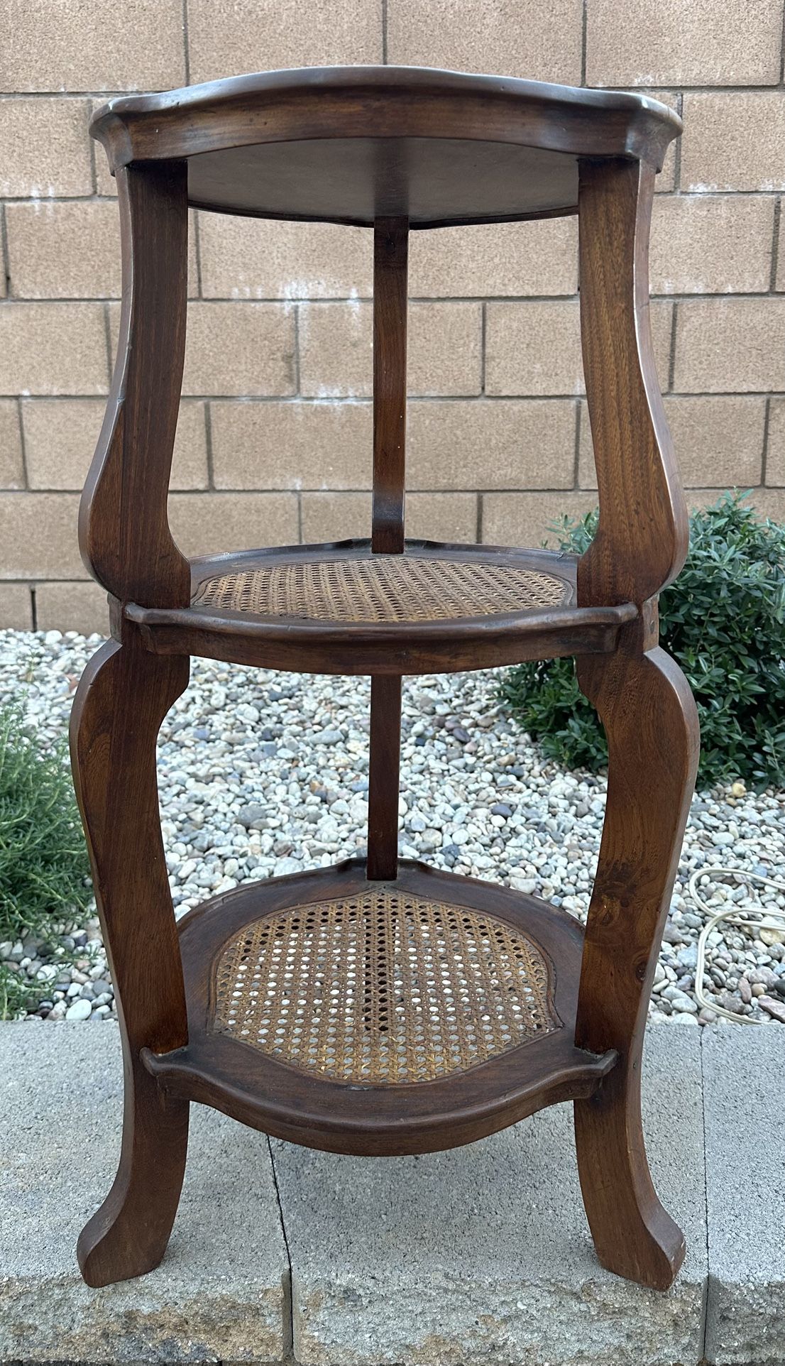 Antique Solid Wood Inlay Star Three-Tier Round Side Table W/Cane Shelves Made In Italy 