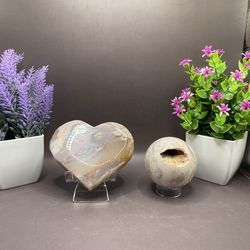 Natural Hand Carved Pink Amethyst Sphere 353g 65mm and Heart 338g 3.7”x 4.2”