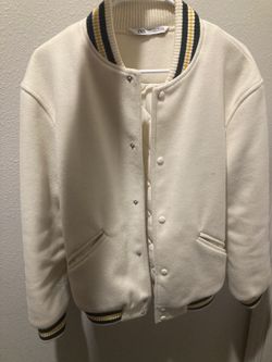 Zara Varsity Jacket Size Small - Cream With Black And Yellow Stripe On Cuffs , Sold Out!