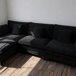 Black Velvet Modular Sectional Sofa w/ Ottoman | 4pc | Cloud Cushions
