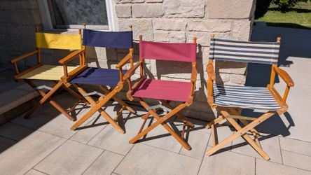 Set of 4 Vintage Canvada Director's foldable beach, patio,deck outdoor Chairs Solid Wood – MCM Style