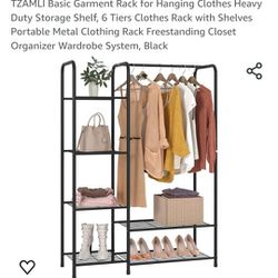 Basic Garment Rack for Hanging Clothes Heavy Duty Storage Shelf, 6 Tiers Clothes Rack with Shelves Portable Metal Clothing Rack Freestanding Closet 