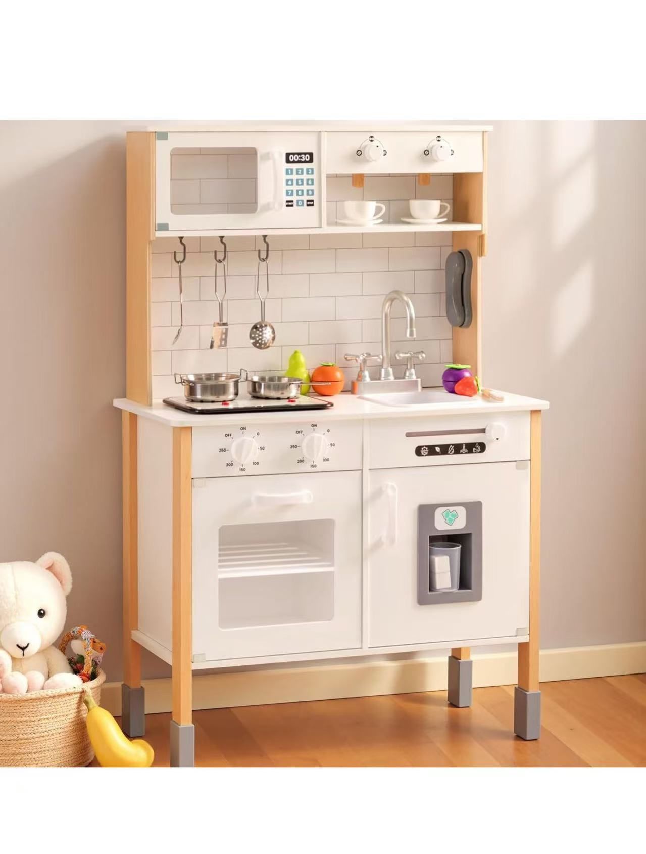 Play Kitchen for Kids Wooden Kitchen Toy Playset w/Light and Clicking Knobs, Chef Pretend Play Set