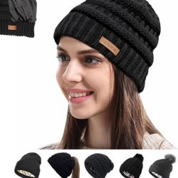 Womens Satin Lined Winter Beanie Cable Knit Beanie for Women Silk Lining Thick Chunky Hats