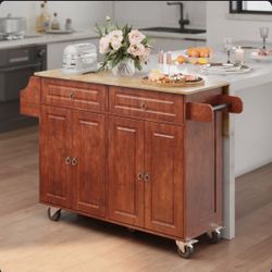 Solid Wood Rolling Kitchen Island Cart with Storage