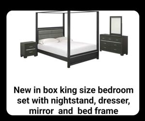 New in box king size bedroom set with nightstand, dresser, mirror and bed frame