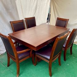 Wood Dining Table, 6 Leather Chairs & Matching Buffet