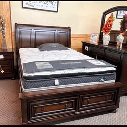 Brown Cherry Sleigh Storage Platform Bedroom Set// Bed,dresser, Mirror, NightStand// Mattress Sold Separately 