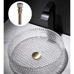 Homary Bathroom Vessel Sink Round Vessel Sink 15.35" x 4.33" Transparent Diamond Shaped Crystal Glass Bathroom Sink Above Counter Clear Glass Vessel S