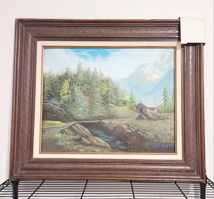 Serene Mountain Scene Vintage Framed Oil on Canvas Landscape Signed June Dorn