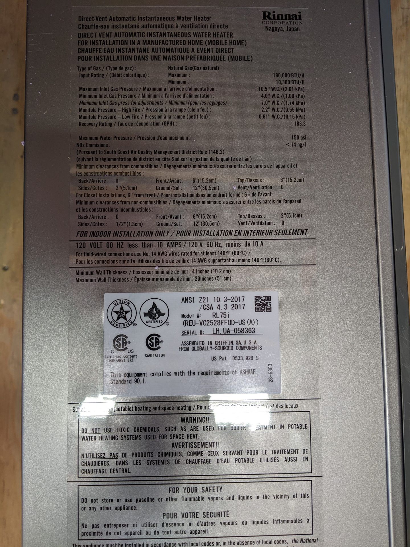 Rinnai RL75i Natural Gas Tankless water heater! for Sale in Bedford, TX