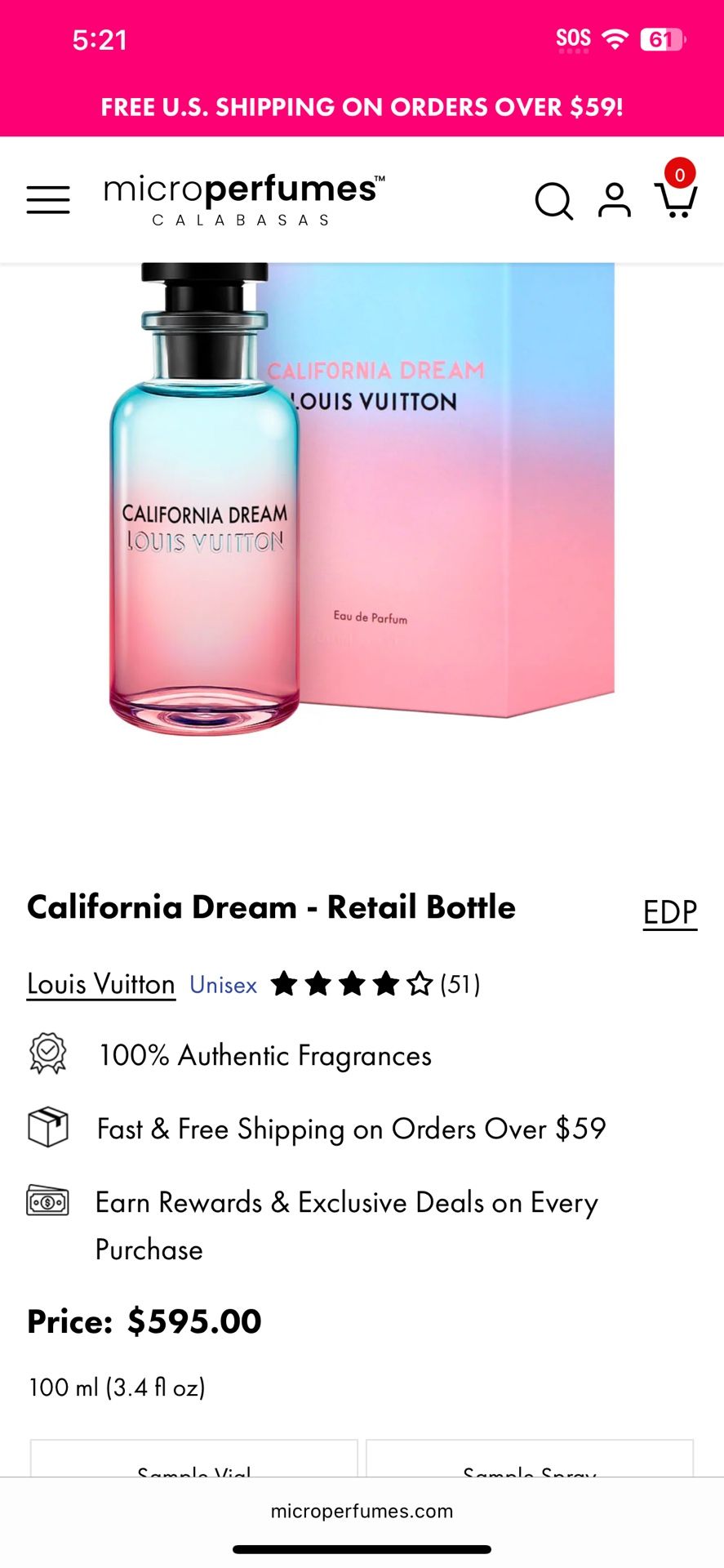 Louis Vuitton California Retail Bottle Perfume Authentic