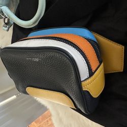 DOLCE & GABBANA Small Leather Waist Bag Zip Pockets and Logo Black Yellow Blue