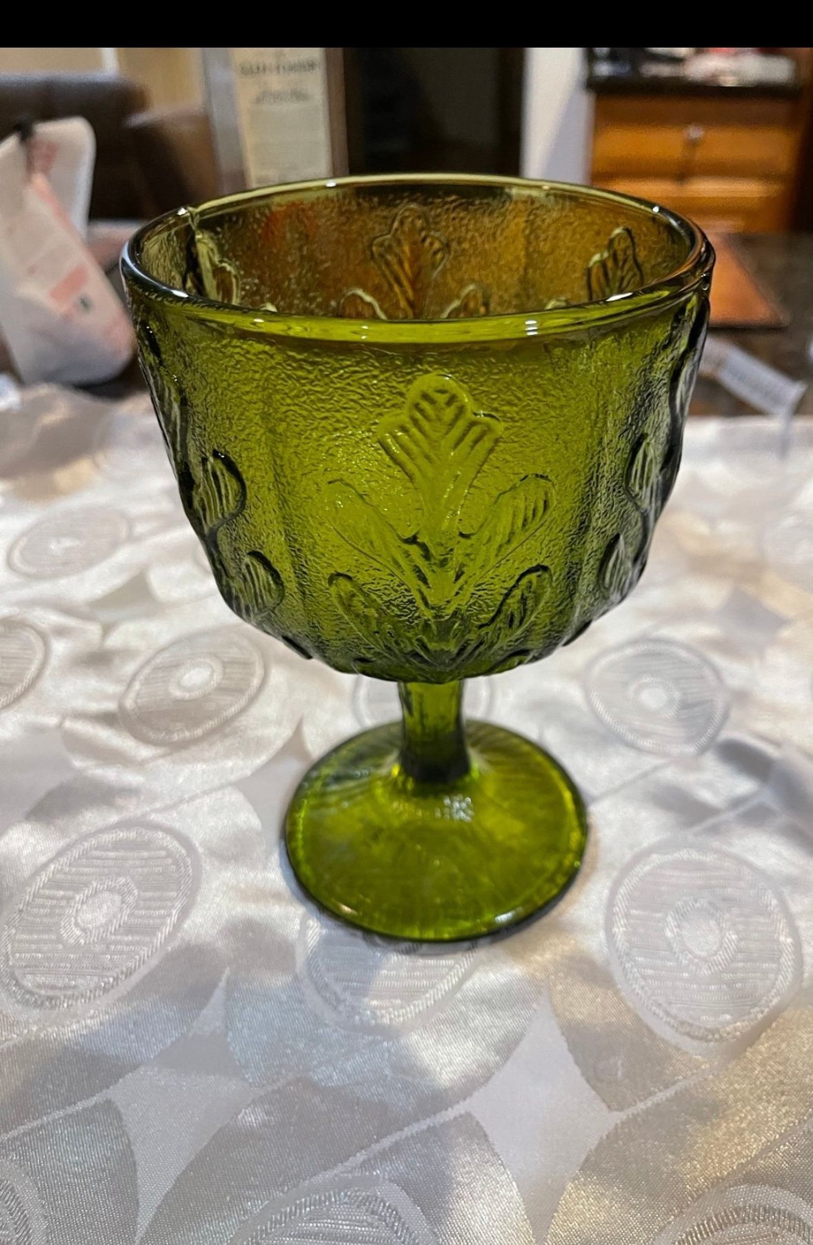 FTD Vintage 1975 Avocado Green Glass Oak Leaf Pedestal Compote Candy Dish Vase