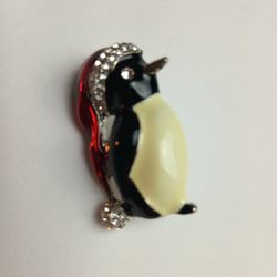 Penguin Christmas Brooch Metallic Red Hat Crystal Rhinestones