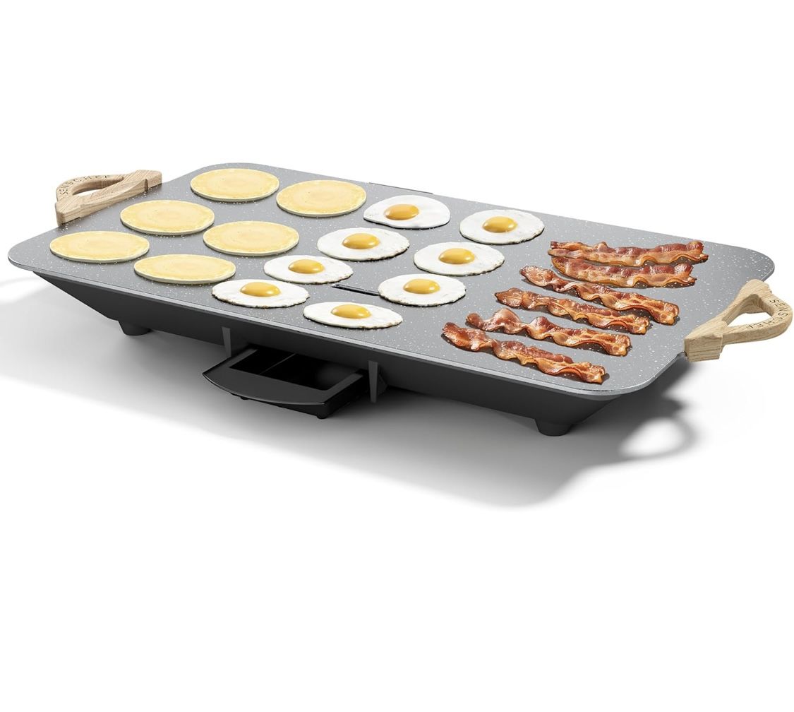 12x20inch Electric Griddle by BBQ Masters, 1700W Fast Even Heating, ILAG Granite Nonstick, Sloped Cooking Surface