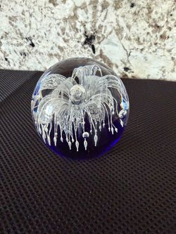 Cool Blue And White Drip Art Glass Paper Weight