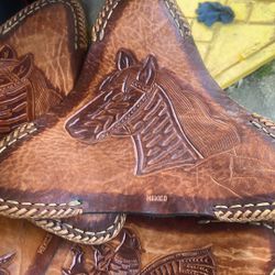 Tripod Chair, Seat, Real Leather, Mexican Horse, And Bird