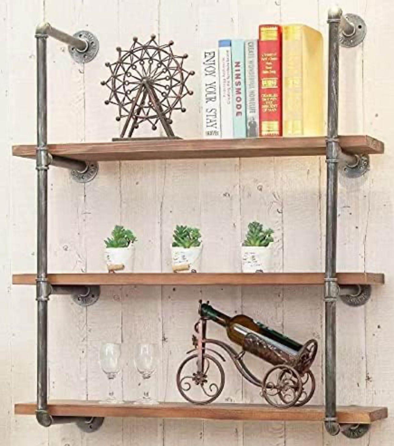 BIXIRAO Industrial Wall Mounted Iron Floating Pipe Shelves/Shelving/Racks/Storage/Bookcases/Brackets, DIY Open Bookshelves, Retro Black (4-Tier Shelf 