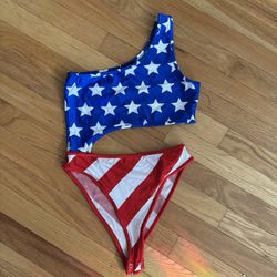 New Unworn - Forever 21 Small Women Bathing Suit One Piece Bodysuit Stars And Stripes 4th Fourth Of July American Flag 