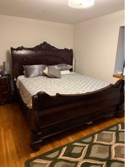 Traditional Dark Wood Bedroom Set - Sleigh Bed and Dresser with Mirror and One Nightstand