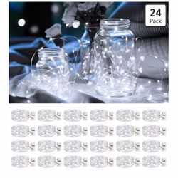 24 Pack Cool White Fairy Lights Battery Operated with Timer, 20 LED 3 Modes Twinkle Light, 7ft Waterproof Silver Wire Mini Small Bulk Mason Jar String