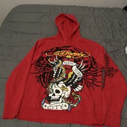 Ed Hardy New York Hoodie Mens Red Eagle Snake Skull Pullover Size Medium