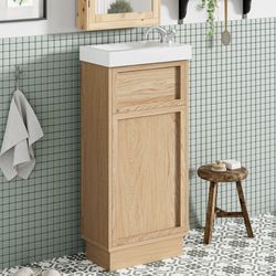 Newly Assembled 16" Small Bathroom Vanity with Sink, Narrow Bathroom Vanities Floor Standing, Reversible Wood MDF Cabinet Resin Sink