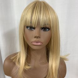 Average Size Synthetic 15” Light and Dark Golden Blonde Wig with Bangs On a Lace Cap
