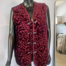 Vintage Chinese Quilted Brocade Vest XL Dark Red Frog Closures Sleeveless Jacket Insulated