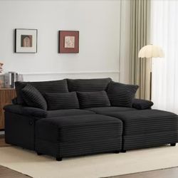 Trix Black Corduroy Upholstered Double Chaise Lounge with Storage Ottomans,